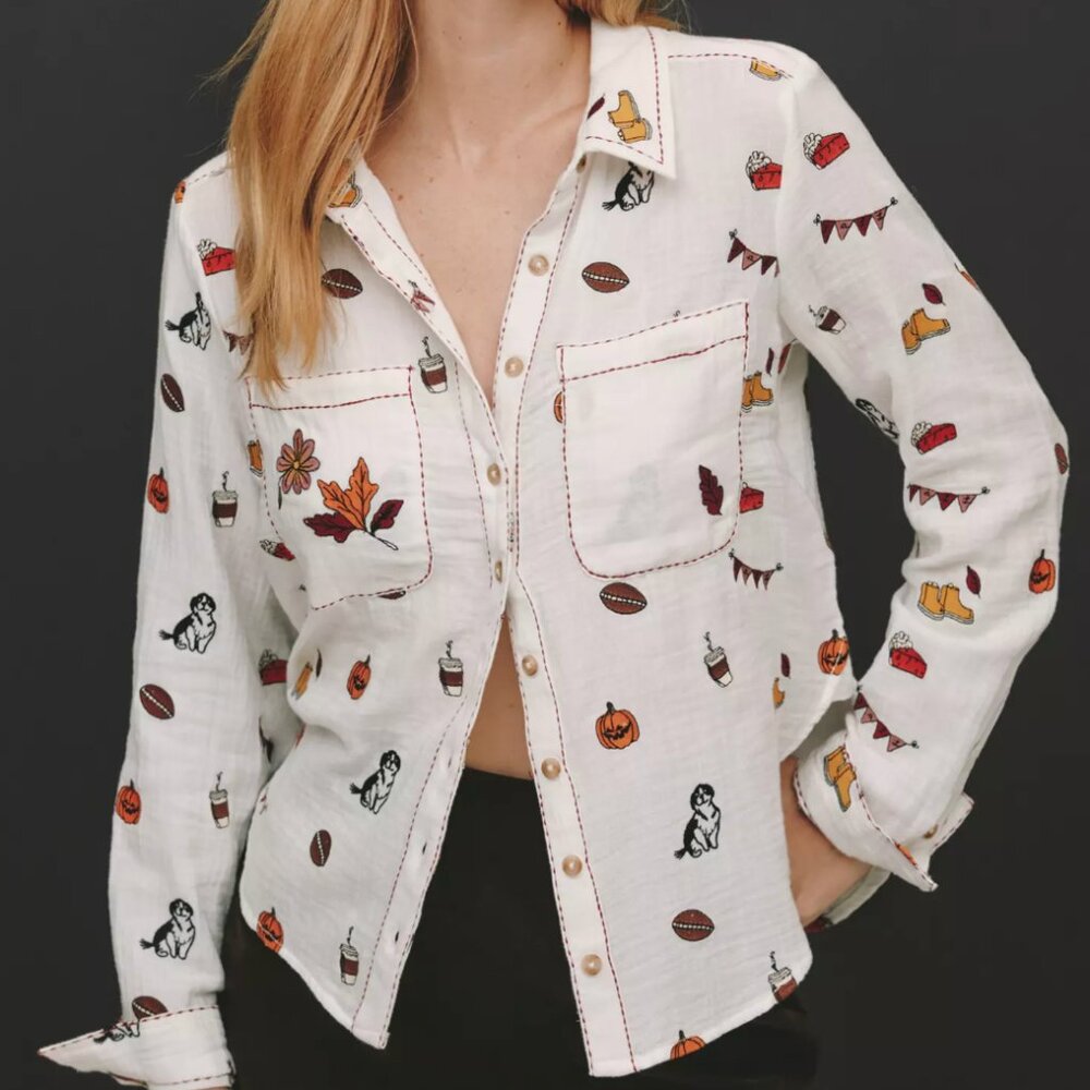 NWT Anthropologie The Tabby Embroidered Icon Buttondown Shirt by Pilcro Size M